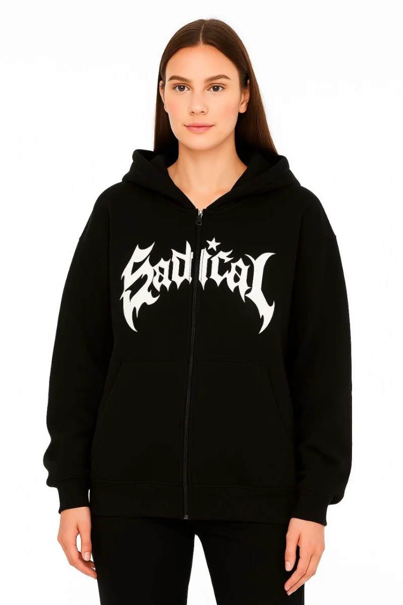 Oversize Kapüşonlu Sweatshirt  Hoodie 3 İplik Şardonlu Pamuklu Kumaş, Önü Baskılı, Fermuarlı Rahat Kalıp, Kışlık ve Sokak Stili Sweat - Siyah