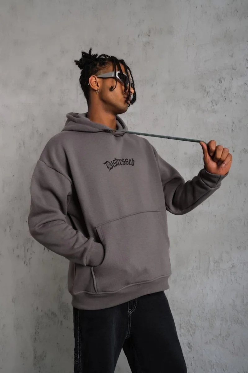 Üç İplik Baskılı Kapüşonlu Sweat - Gri