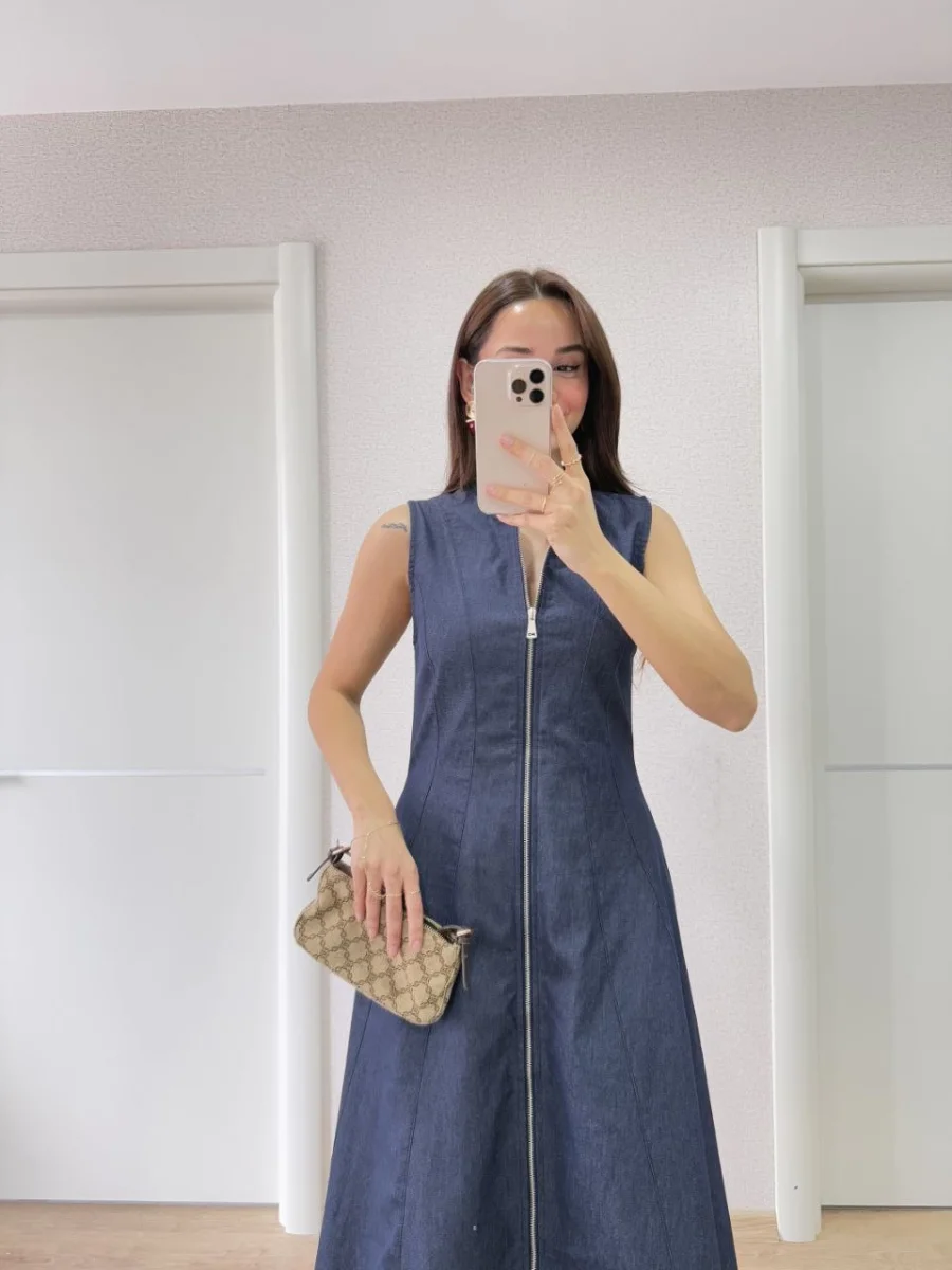 Jeans Kot Önü Tam Fermuarlı   Uzun Elbise - Mavi