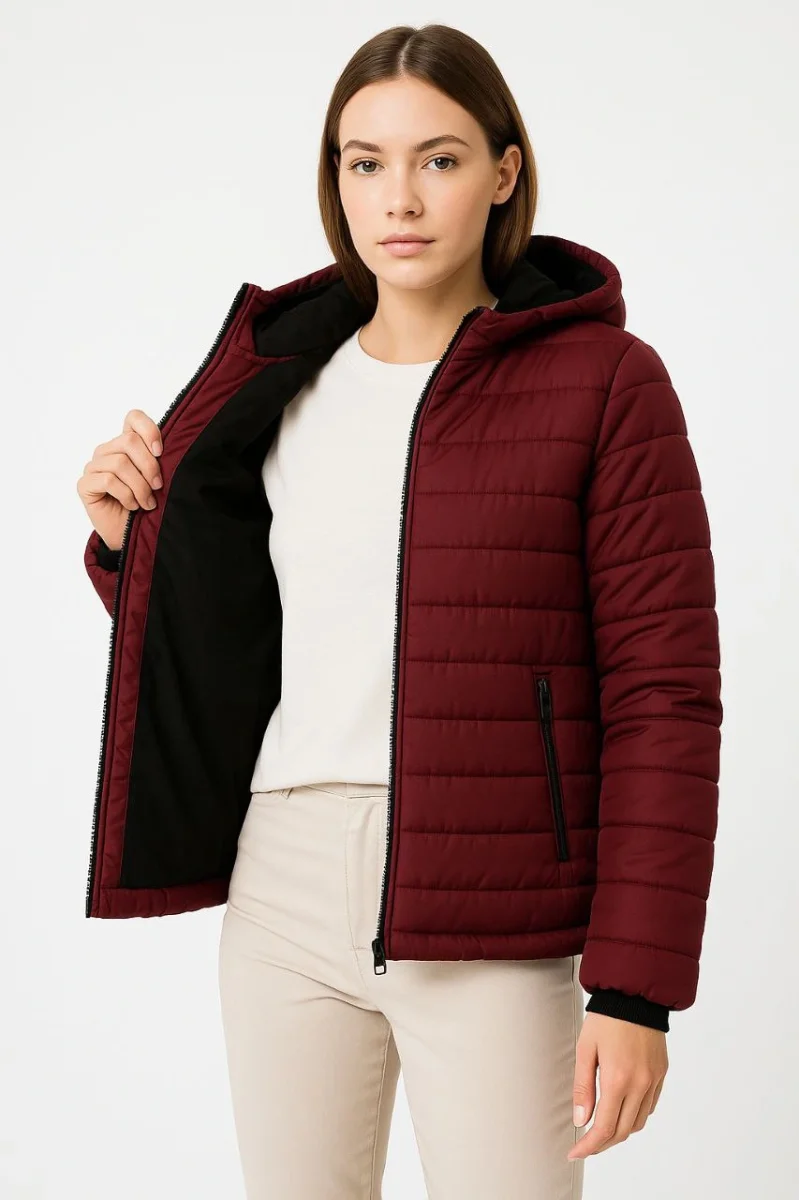 Şişme Kapüşonlu Fermuarlı Mont Su itici Kapitone Astarlı Kumaş Cepli Kışlık Rahat Kalıp - Bordo