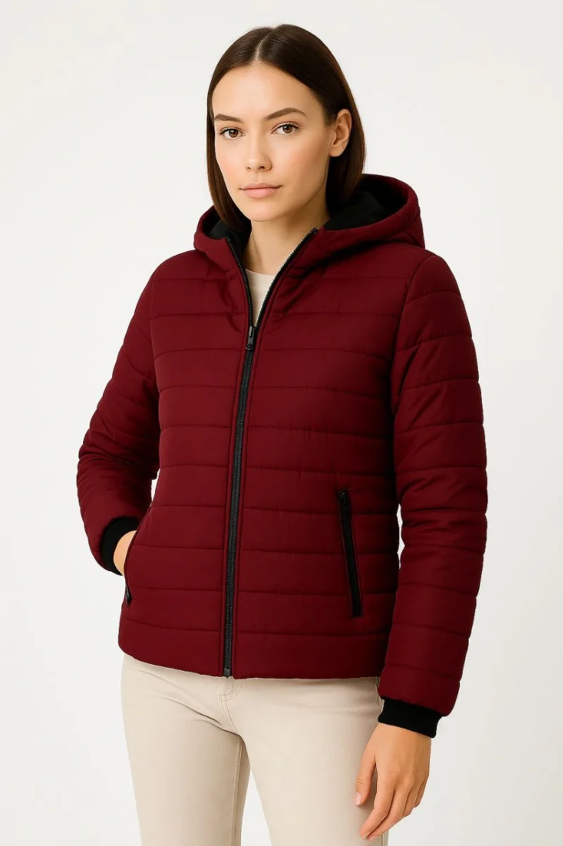 Şişme Kapüşonlu Fermuarlı Mont Su itici Kapitone Astarlı Kumaş Cepli Kışlık Rahat Kalıp - Bordo