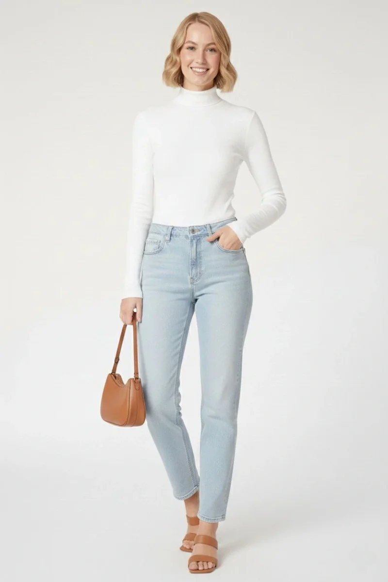 Tam Boğazlı Fitilli Likrali Kaşkorse Badi İnce Uzun Kollu Kazak - Beyaz