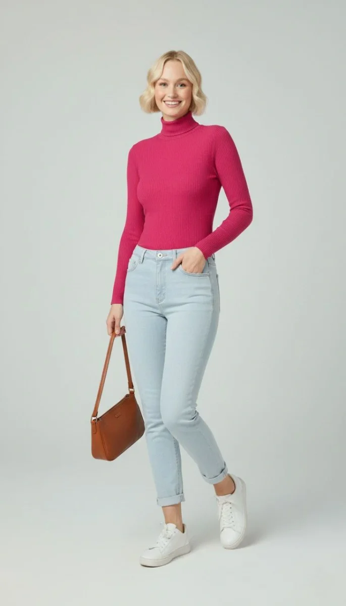 Tam Boğazlı Fitilli Likrali Kaşkorse Badi İnce Uzun Kollu Kazak - Pembe