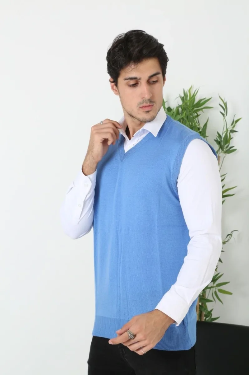 V Yaka Kolsuz Süveter Triko Kazak yumuşak dokulu Pamuklu ince Dokuma Rahat Regular kalıp - Mavi