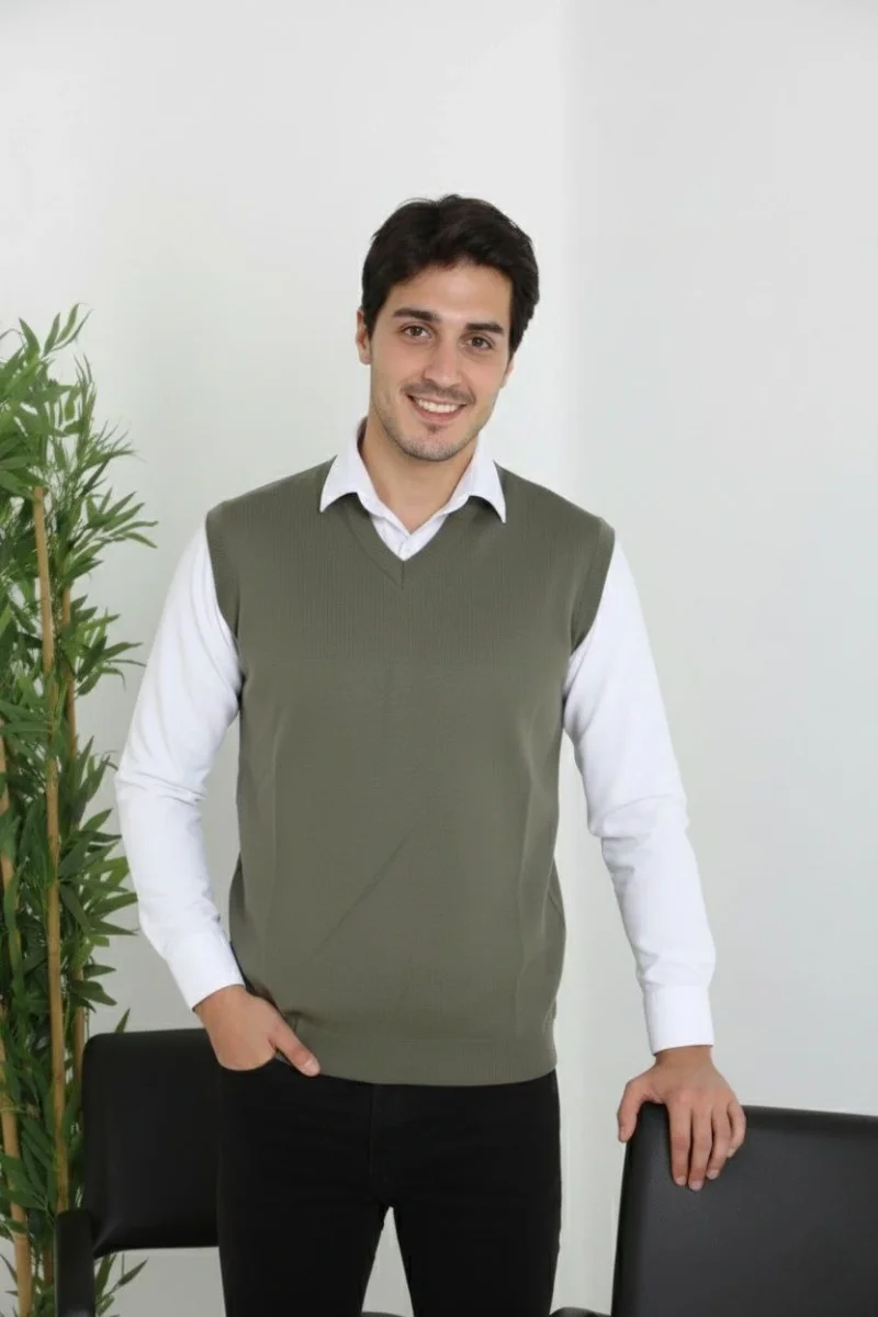 V Yaka Kolsuz Süveter Triko Kazak yumuşak dokulu Pamuklu ince Dokuma Rahat Regular kalıp - Haki