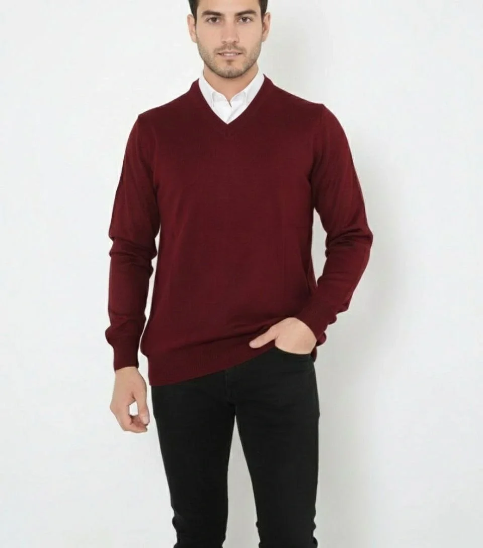 V Yaka Triko Kazak yumuşak dokulu Pamuklu ince Dokuma, uzun kollu Rahat Regular kalıp - Bordo