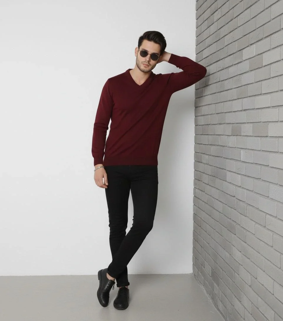 V Yaka Triko Kazak yumuşak dokulu Pamuklu ince Dokuma, uzun kollu Rahat Regular kalıp - Bordo