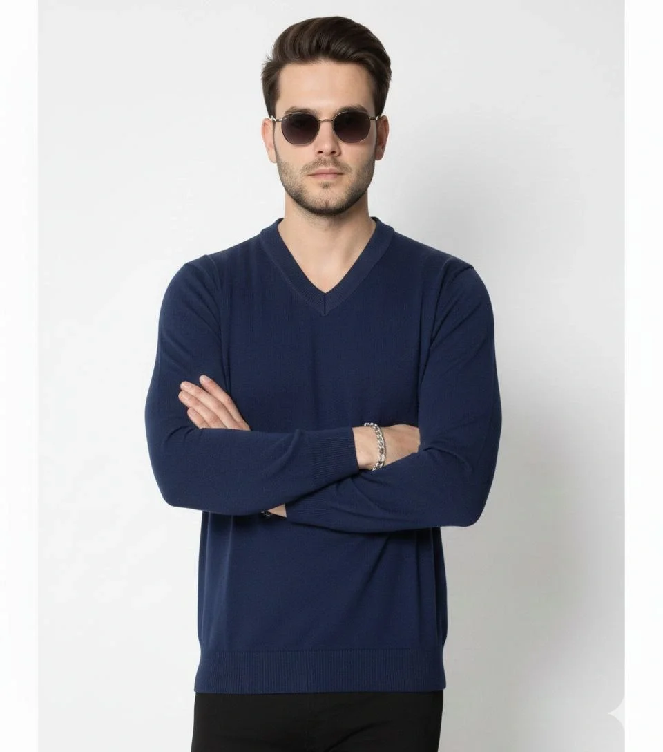 V Yaka Triko Kazak yumuşak dokulu Pamuklu ince Dokuma, uzun kollu Rahat Regular kalıp - Lacivert