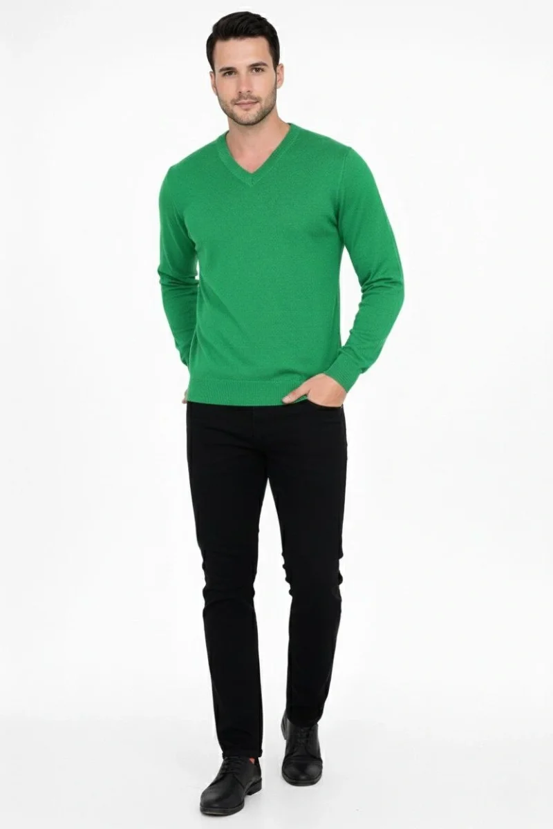 V Yaka Triko Kazak yumuşak dokulu Pamuklu ince Dokuma, uzun kollu Rahat Regular kalıp - Çimen Yeşili