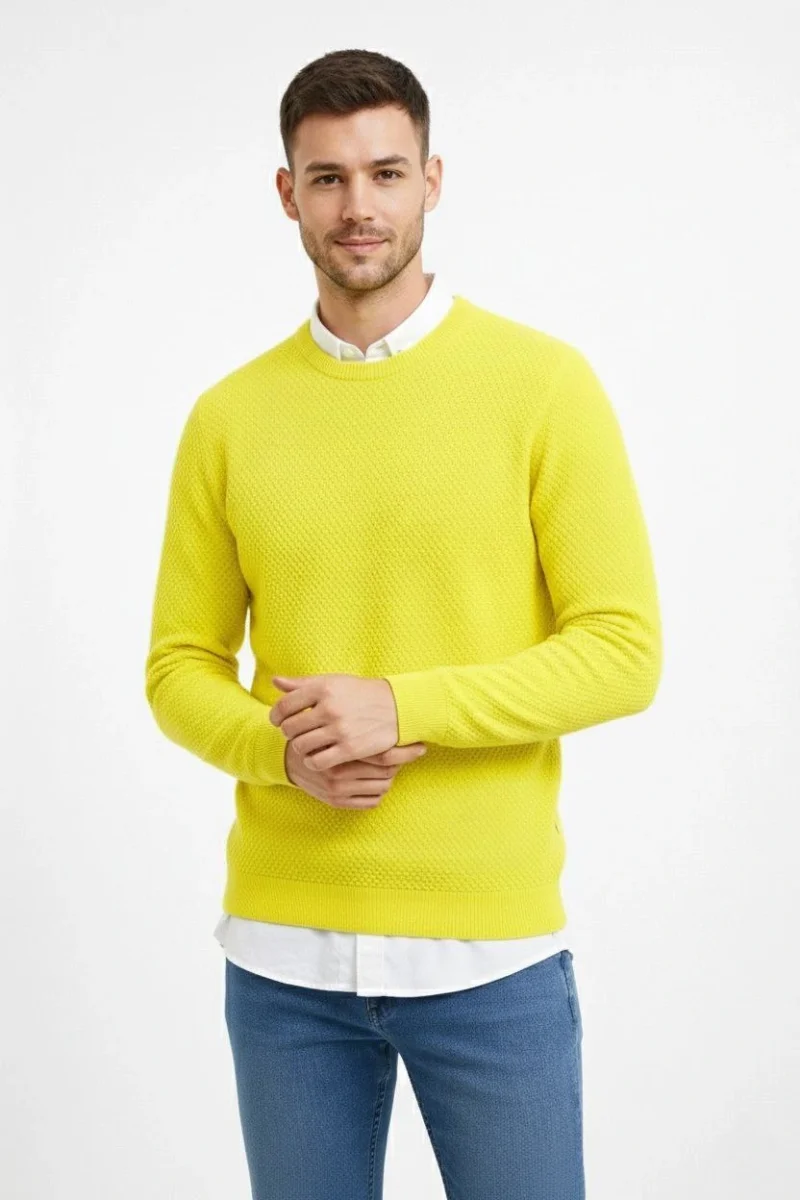 Bisiklet Yaka Petekli dokulu Triko Kazak Pamuklu ince Dokuma, uzun kollu Rahat Regular kalıp - Sarı