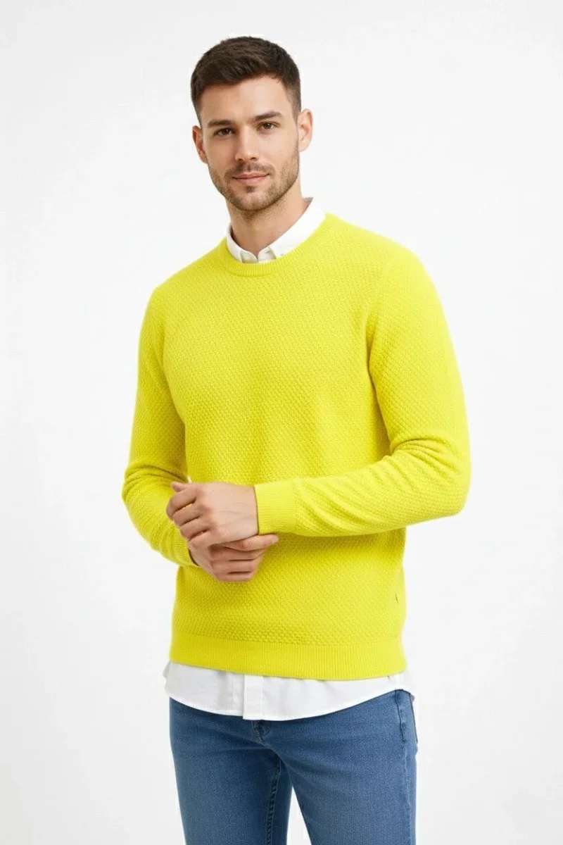 Bisiklet Yaka Petekli dokulu Triko Kazak Pamuklu ince Dokuma, uzun kollu Rahat Regular kalıp - Sarı