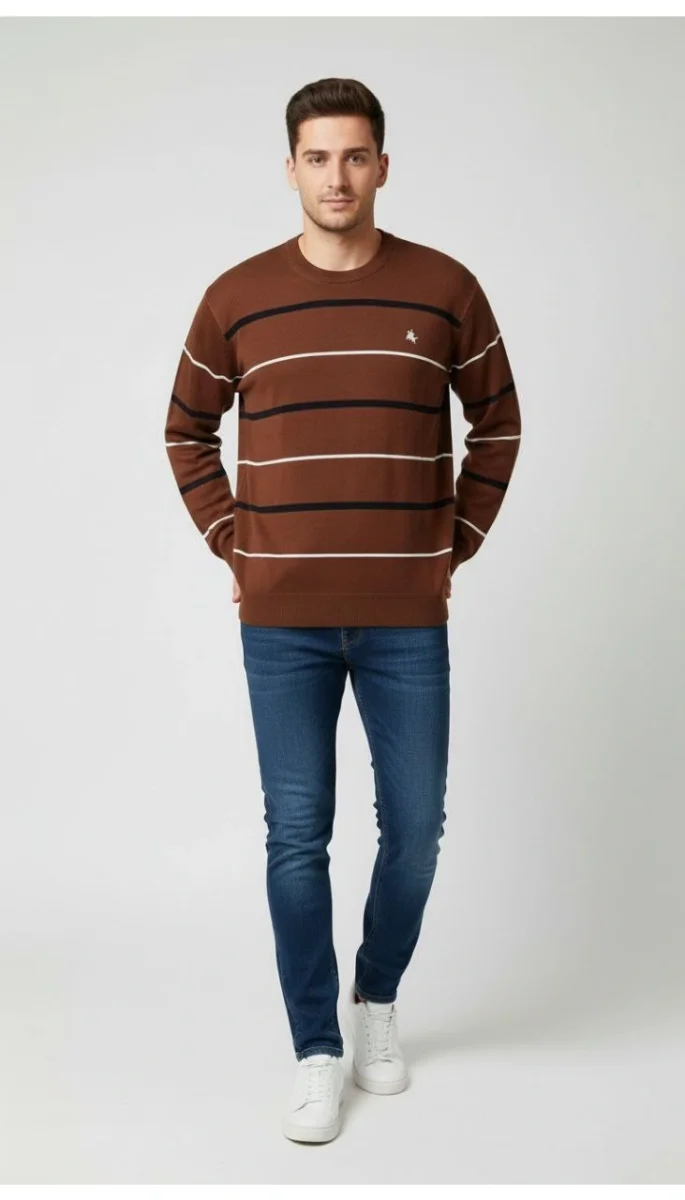 Bisiklet Yaka Cizgili Triko Kazak yumuşak dokulu Pamuklu ince Dokuma, uzun kollu Rahat Regular kalıp - Kahverengi