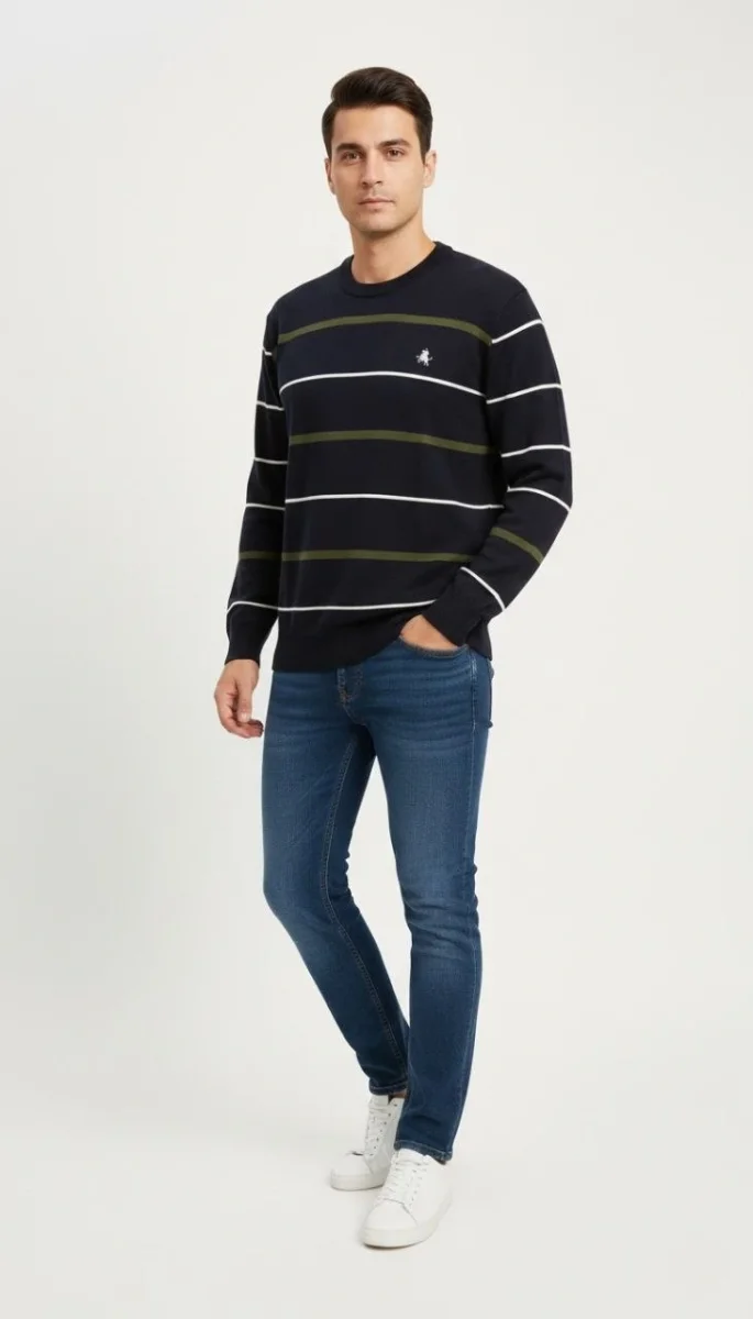 Bisiklet Yaka Cizgili Triko Kazak yumuşak dokulu Pamuklu ince Dokuma, uzun kollu Rahat Regular kalıp - Lacivert