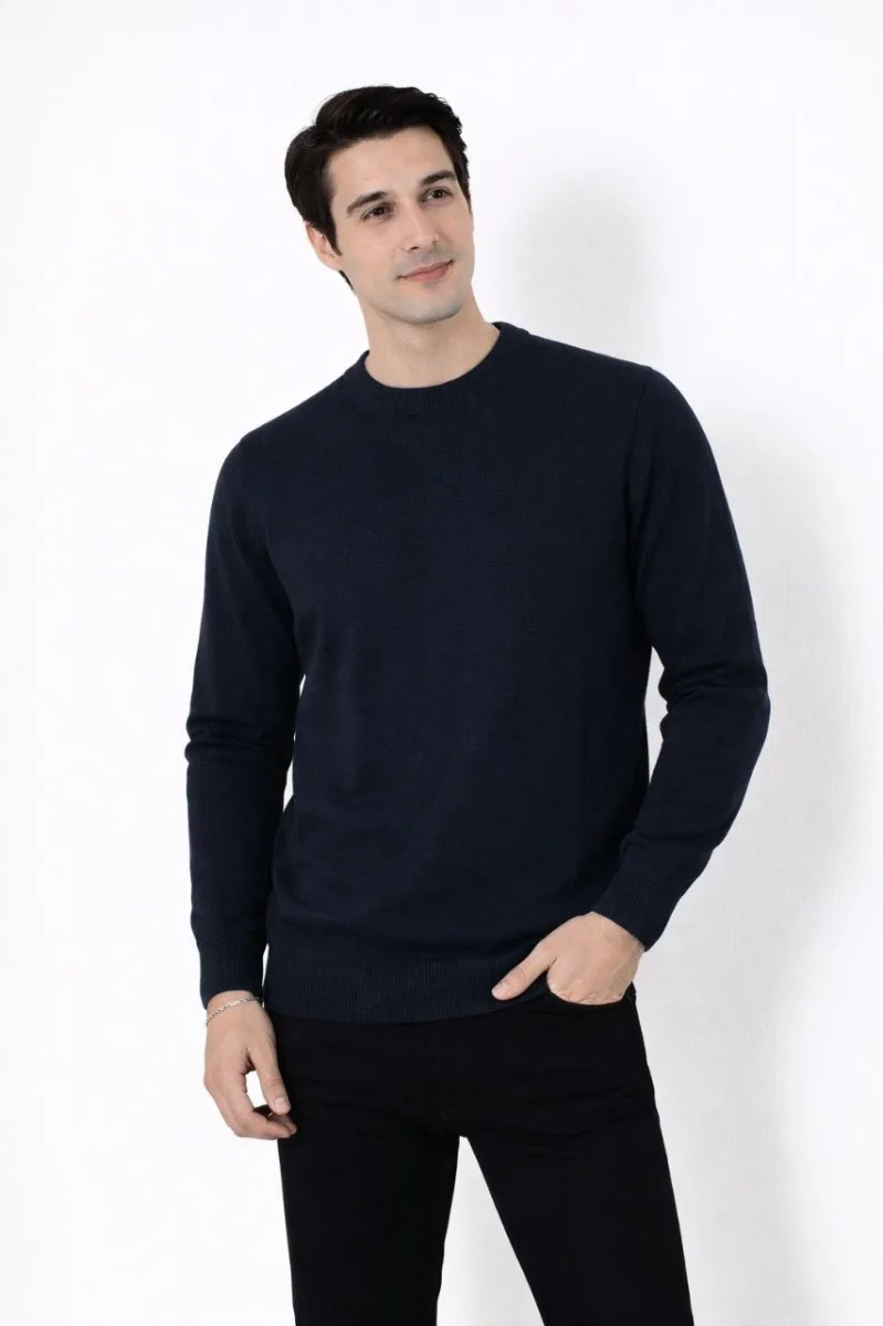 Bisiklet Yaka Triko Kazak yumuşak dokulu Pamuklu ince Dokuma, uzun kollu Rahat Regular kalıp - Lacivert