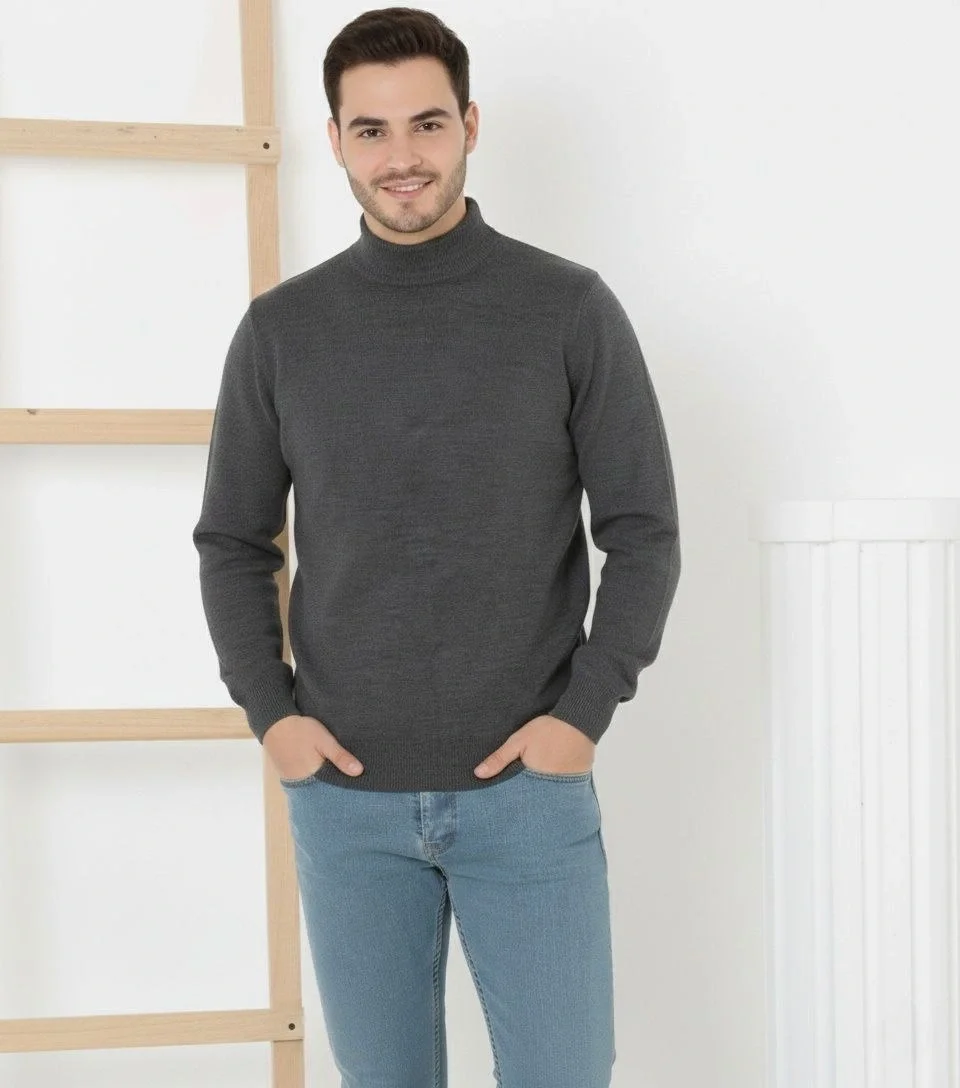 Yarım Boğaz Triko Kazak yumuşak dokulu Pamuklu ince Dokuma, uzun kollu Rahat Regular kalıp - Füme