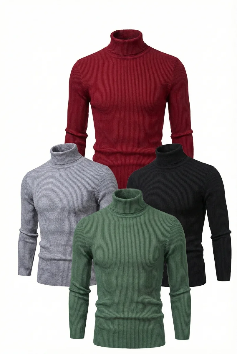 4'lü Siyah, Bordo, Gri, Haki   Kaşkorse Boğazlı Full Likralı Fitilli Body Kazak