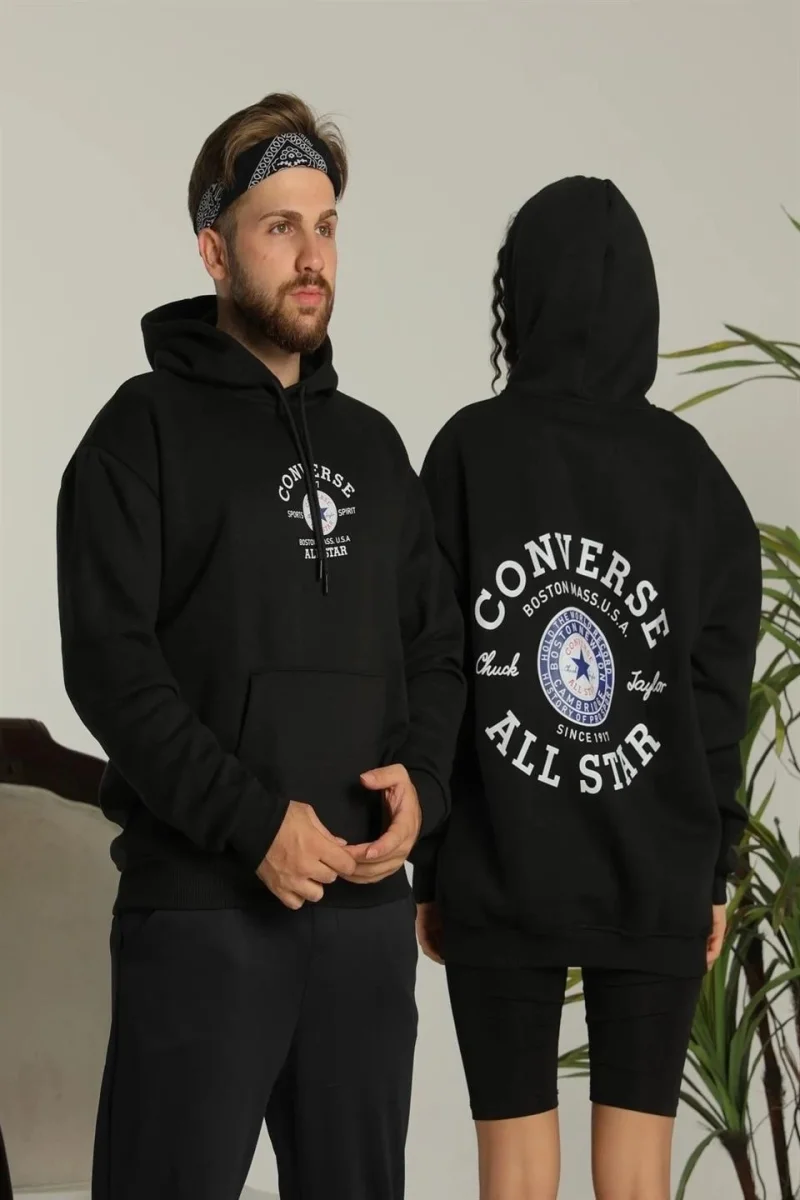 Sırt Baskılı Oversize Üç İplik Kapüşonlu Hoodie Sweatshirt - Siyah
