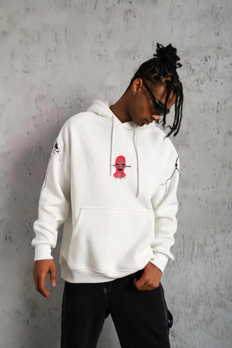 Maske Baskılı Kapüşonlu Sweat - Beyaz