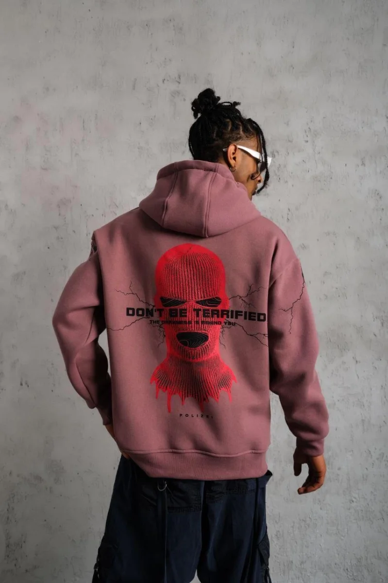 Maske Baskılı Kapüşonlu Sweat - Gül Kurusu