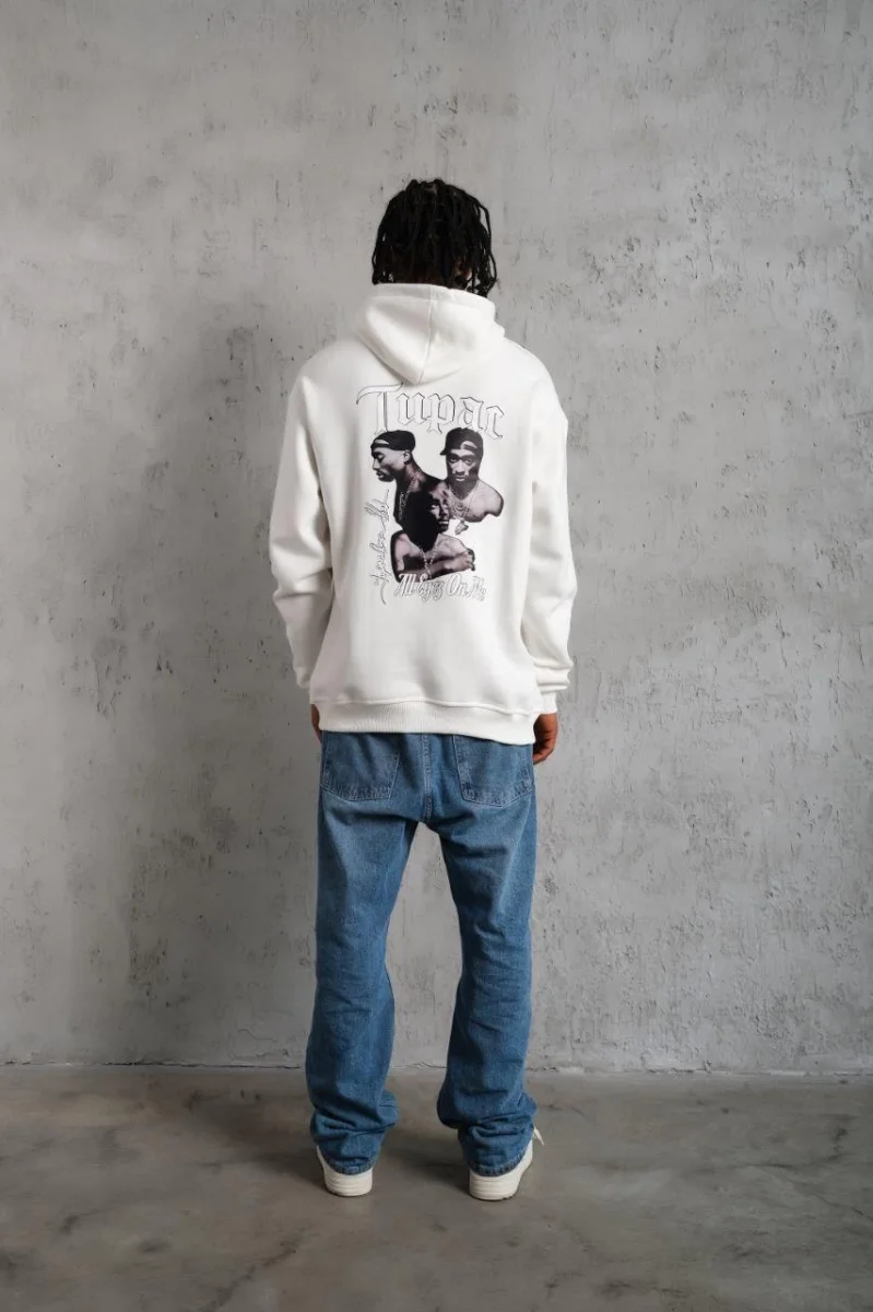 Kol ve Etek Ribana Baskılı Kapüşonlu Sweat - Beyaz