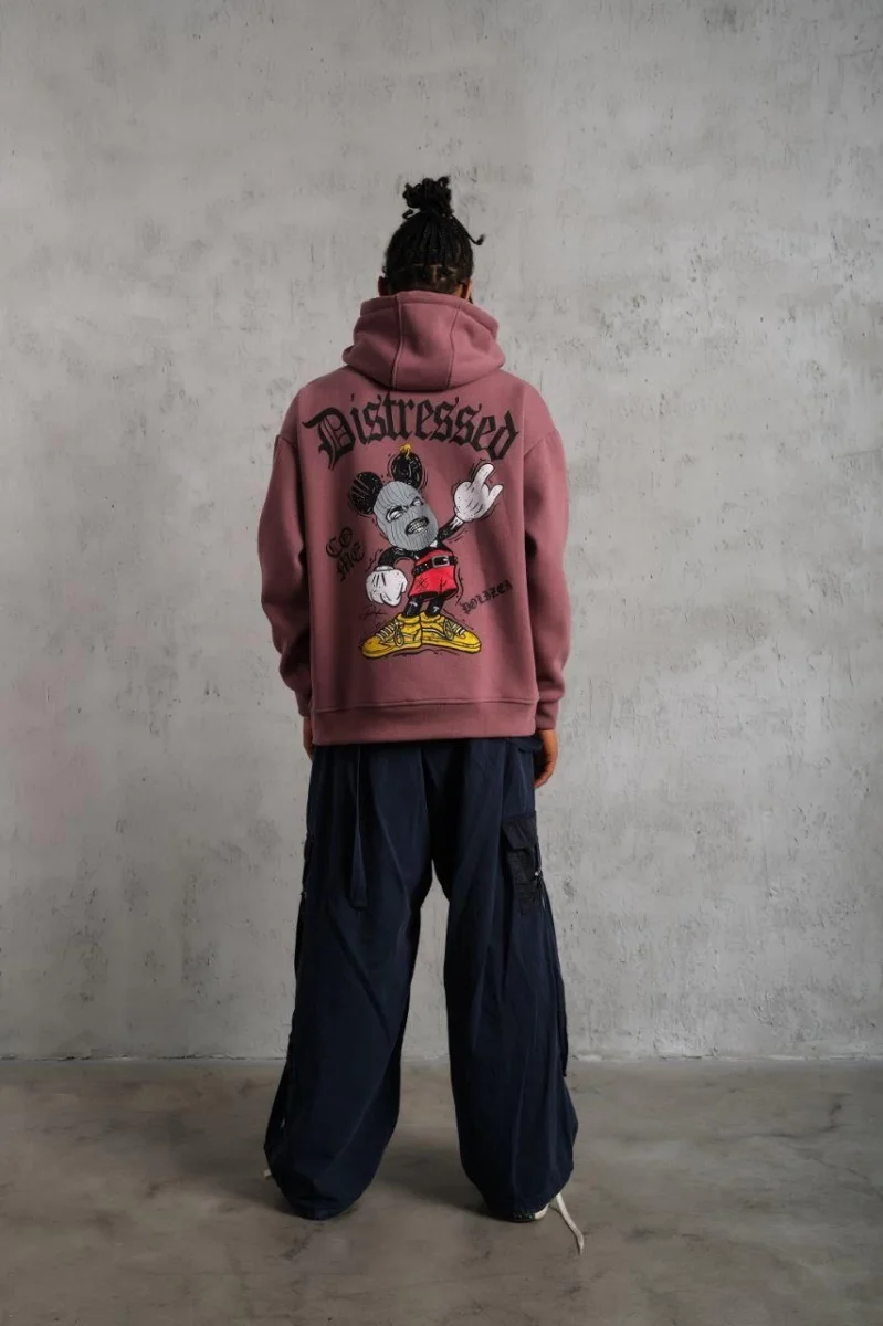 Üç İplik Baskılı Kapüşonlu Sweat - Gül Kurusu