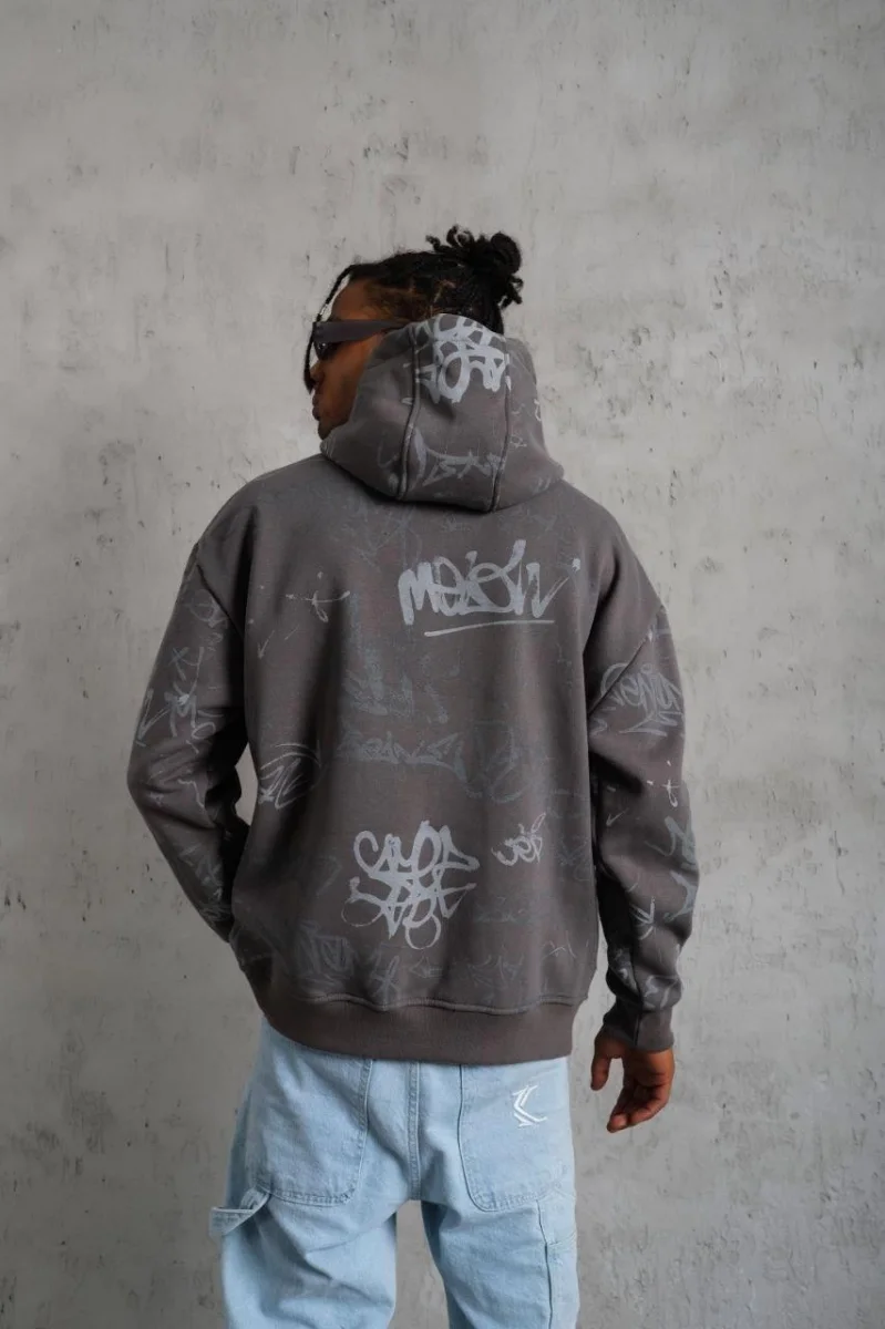 Baskılı Kapüşonlu Ribanalı Sweat - Gri