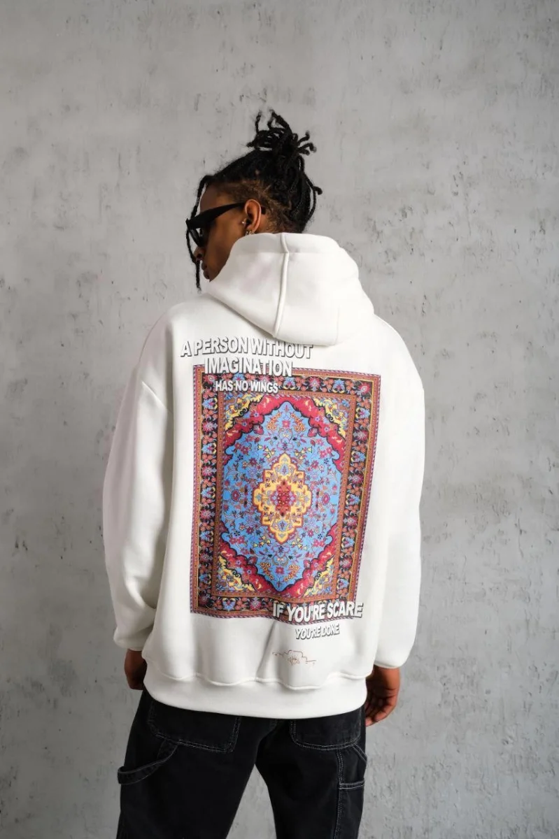Kilim Desen Kapüşonlu Sweat- Beyaz