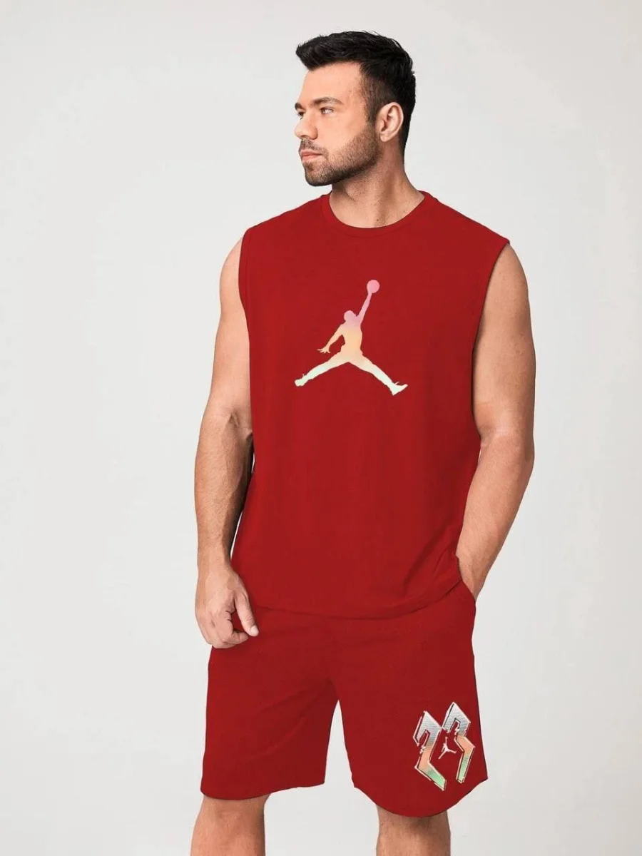 Sırt Baskılı Sıfır Kol İkili Şort Takım - Kırmızı