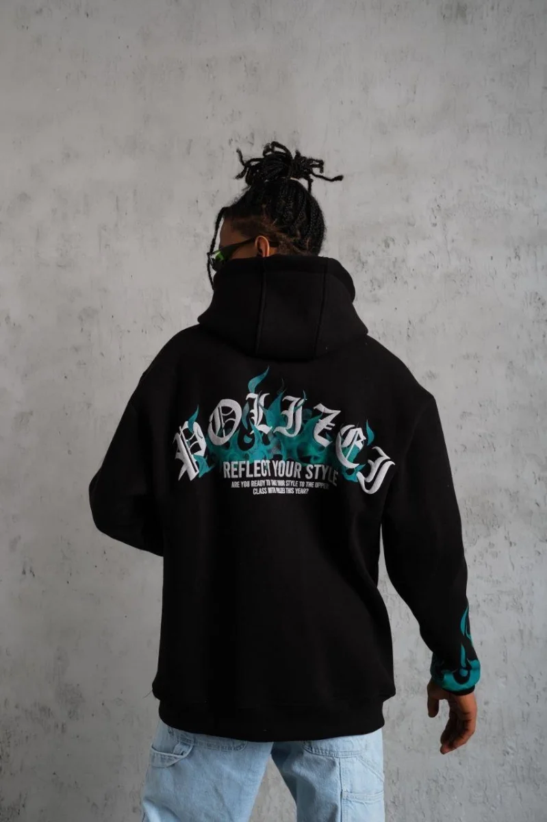 Üç İplik İçi Pamuklu Alev Baskılı Kapüşonlu Sweatshirt - Siyah