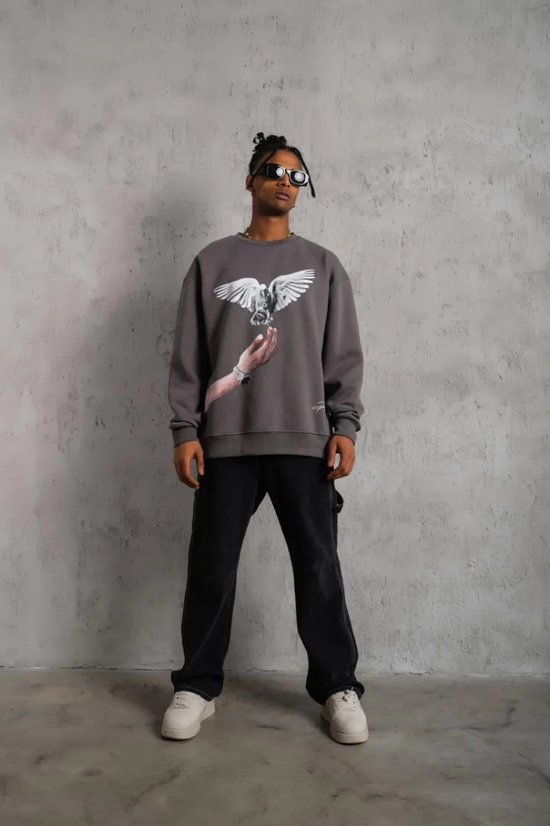 Güvercin Baskılı Sweatshirt - Gri