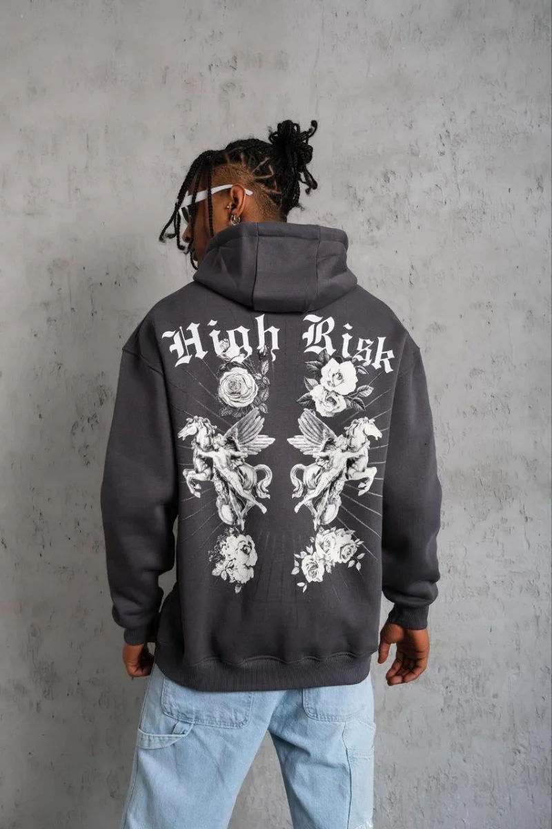 Baskılı Kapşonlu Sweat - Füme