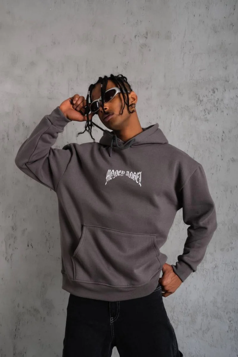 Kordon İpli Baskılı Kapüşonlu Sweatshirt - Füme