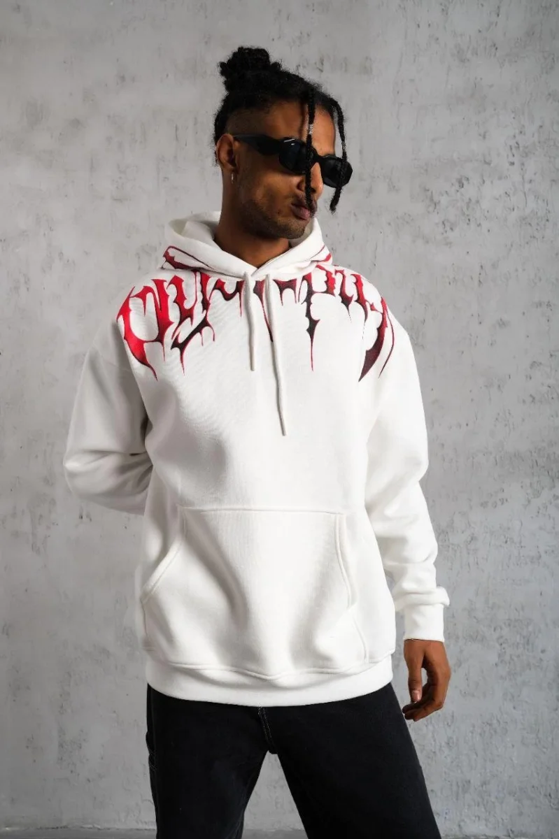 Ön ve Arka Baskılı Kapüşonlu 3 İplik Sweatshirt - Beyaz