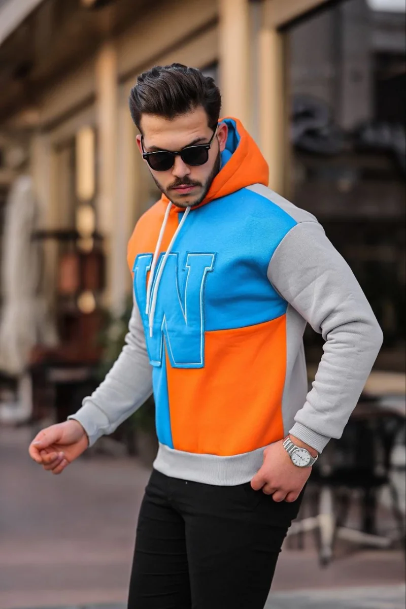 W Nakış İşlemeli Kapüşonlu Sweatshirt - Mavi