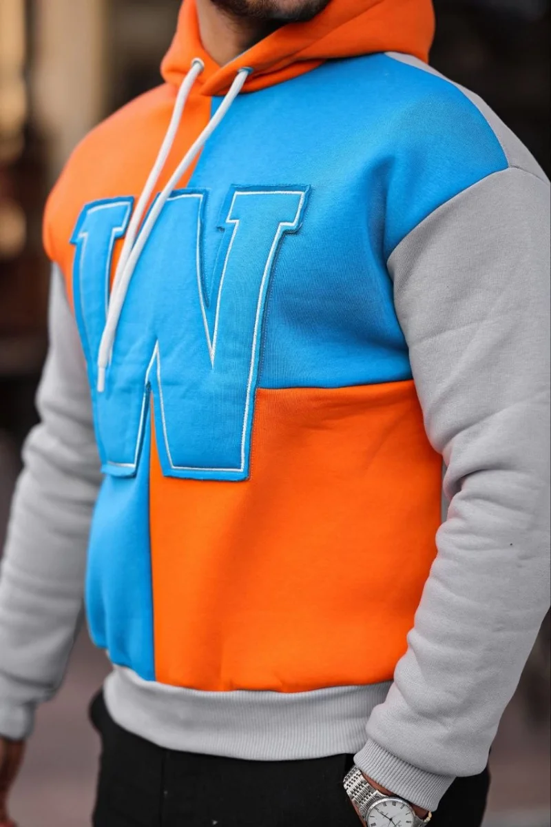 W Nakış İşlemeli Kapüşonlu Sweatshirt - Mavi