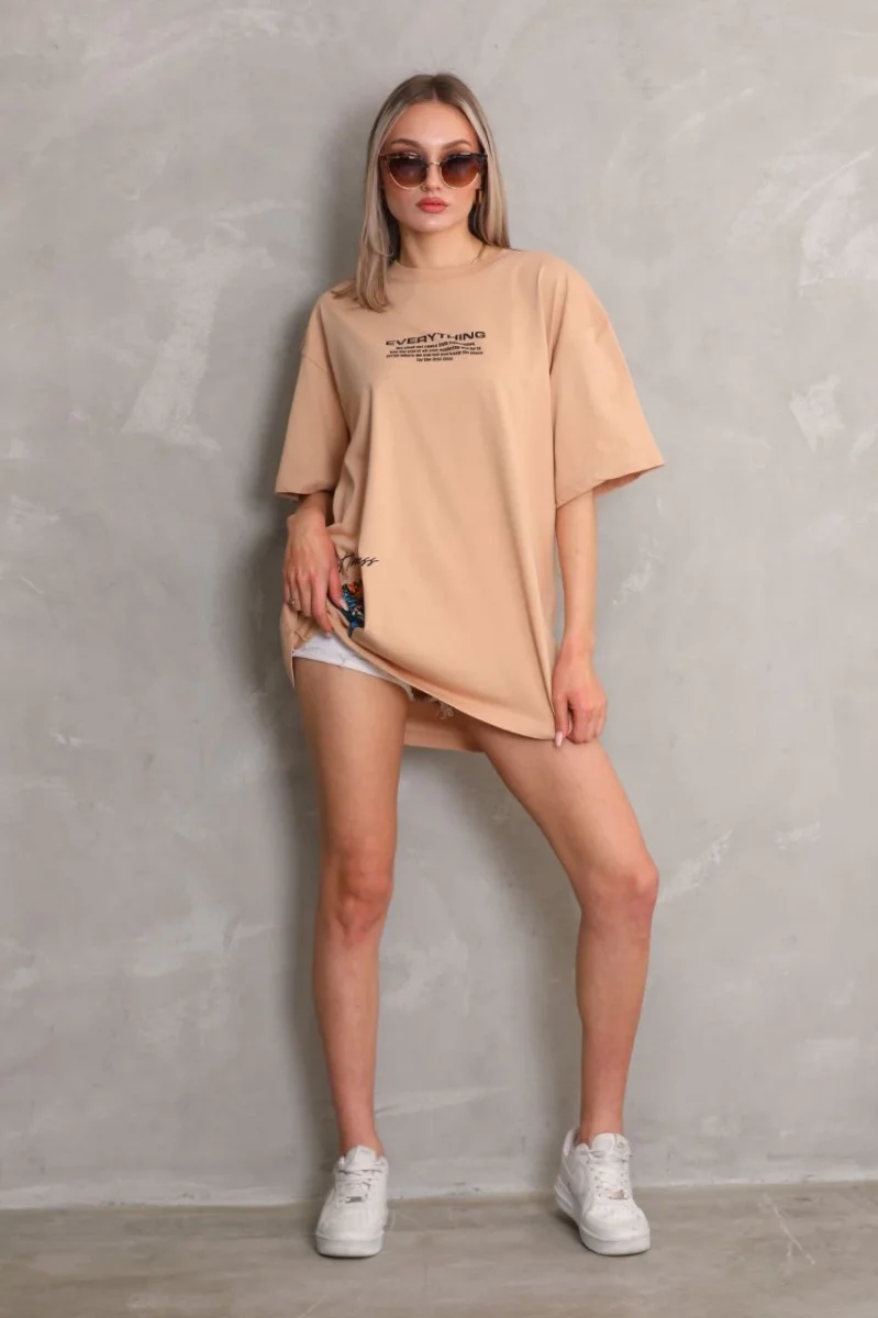 Bisiklet Yaka Baskılı Oversize T-Shirt - Bej