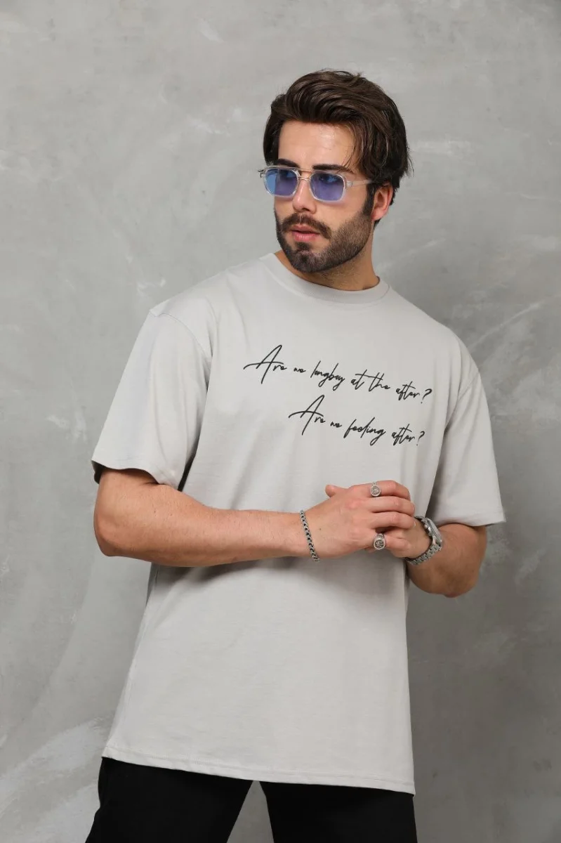 Bisiklet Yaka Baskılı Oversize T-Shirt - Gri