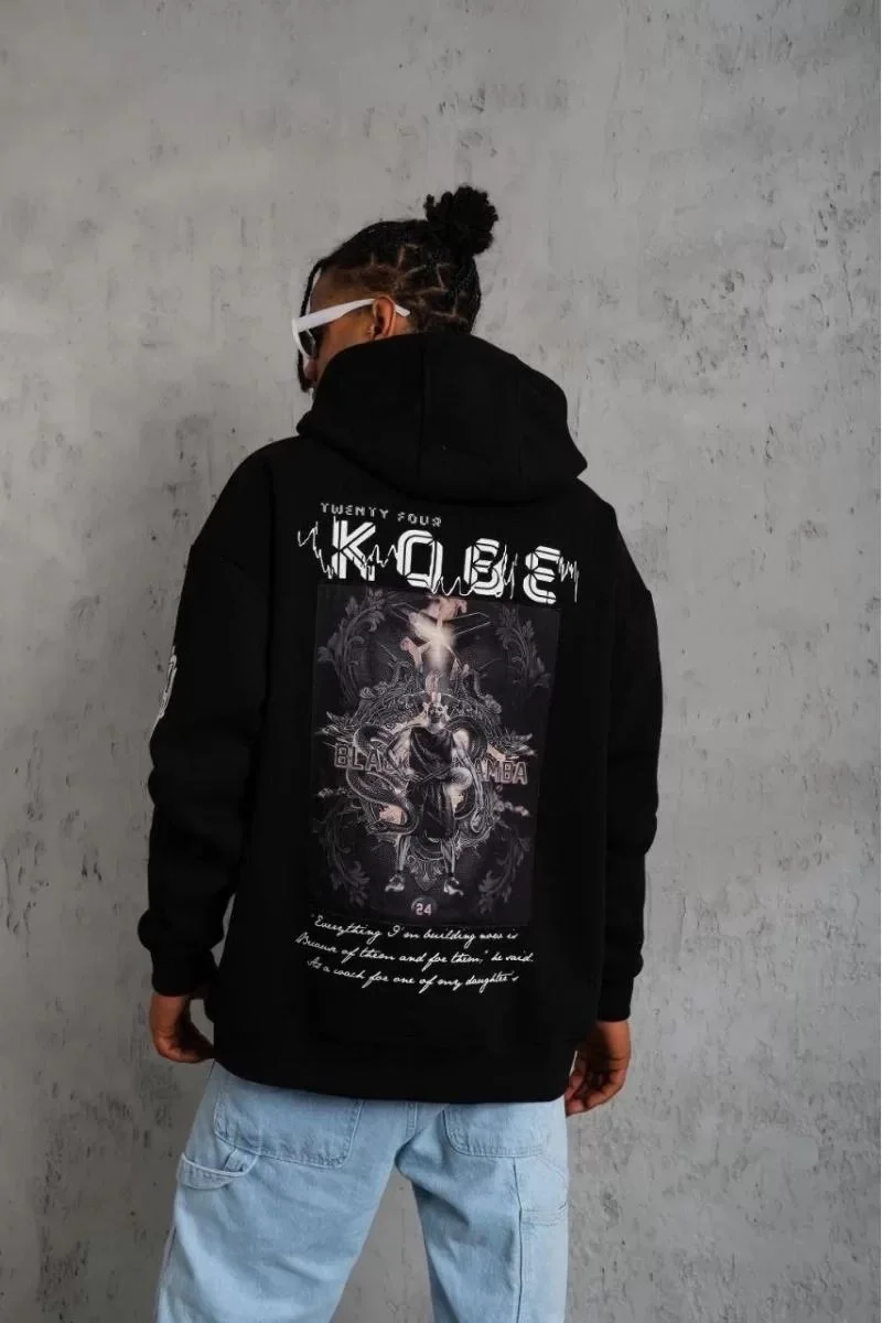 Sırt Baskılı Kapüşonlu Üç İplik Oversize Sweatshirt - Siyah