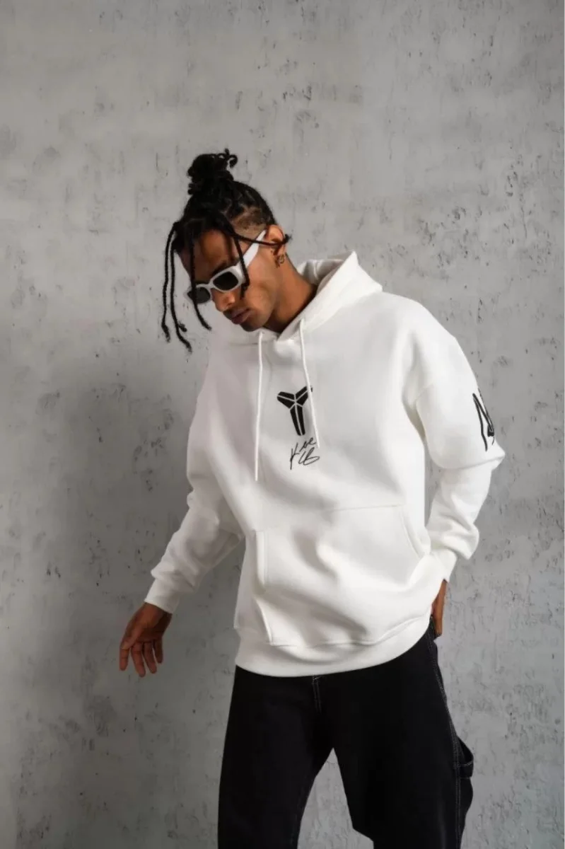 Sırt Baskılı Kapüşonlu Üç İplik Oversize Sweatshirt - Beyaz