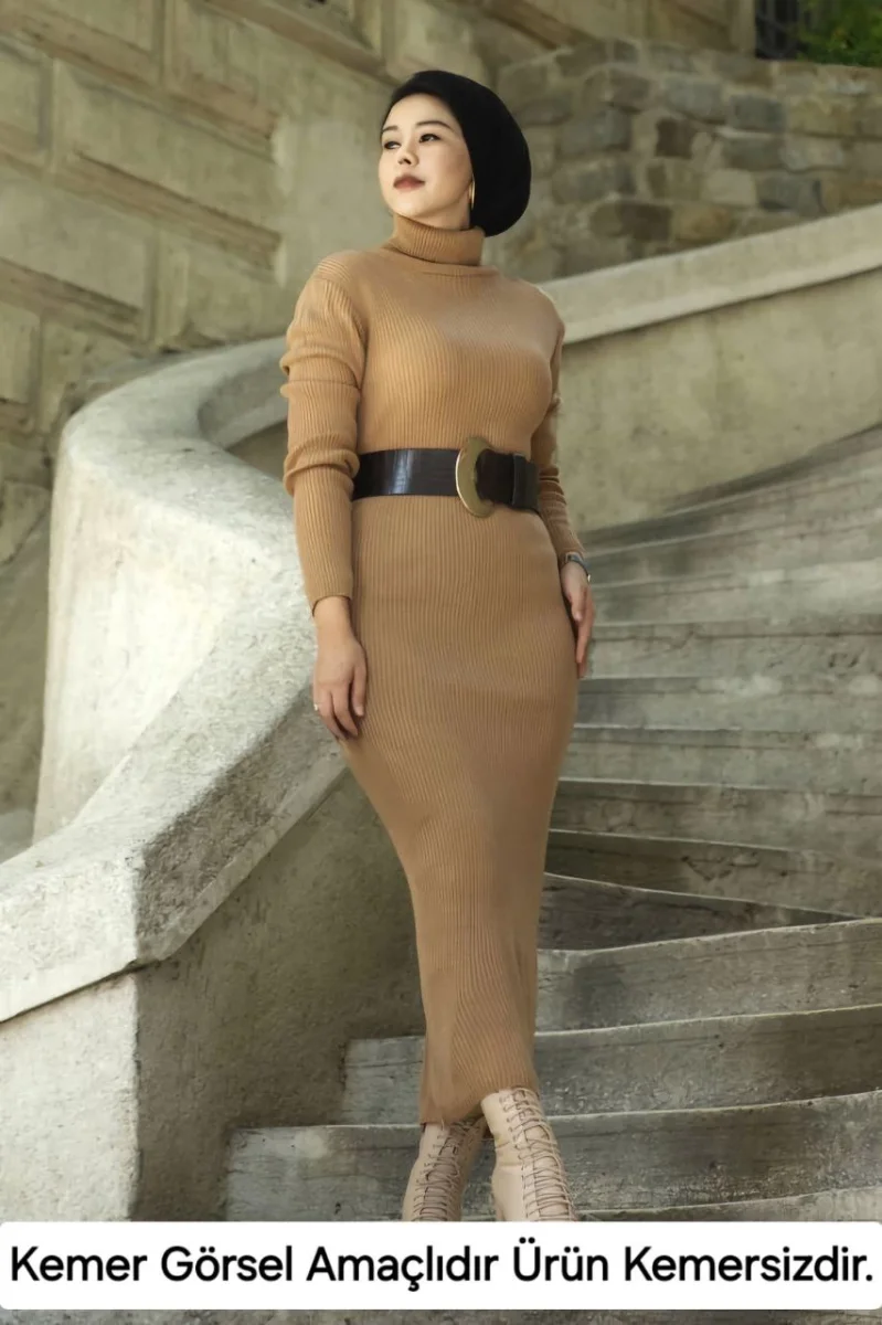 Boğazlı Uzun Fitilli Triko Dokuma Elbise - Kahverengi