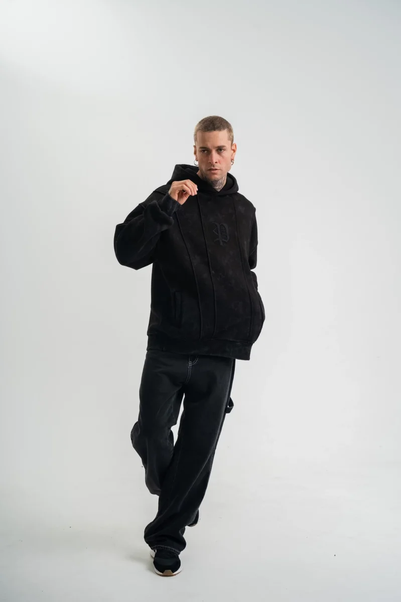 Uzun Kol Kapşonlu Yıkamalı Nakışlı SweatShirt - Siyah