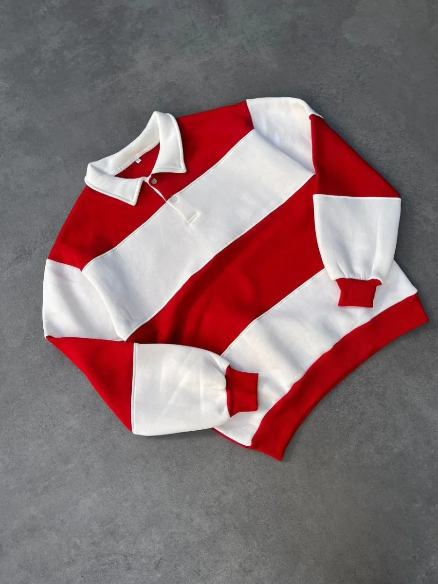 Üç İplik Parçalı Yakalı SweatShirt - Kırmızı