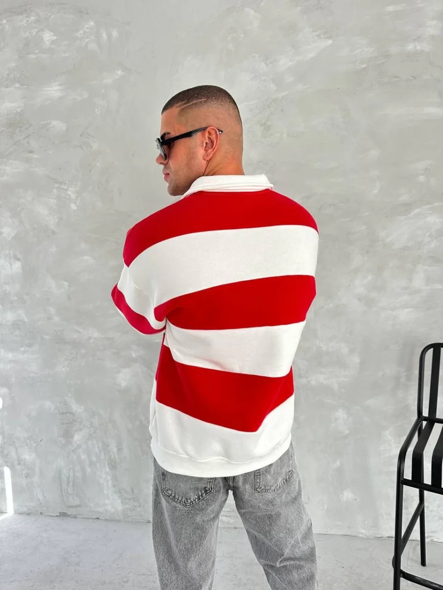 Üç İplik Parçalı Yakalı SweatShirt - Kırmızı