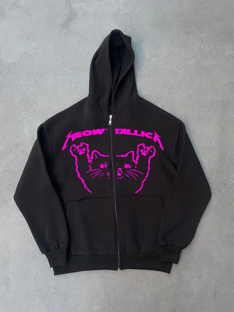 Kışlık Baskılı Fermuarlı Kapüşonlu Hırka - Siyah