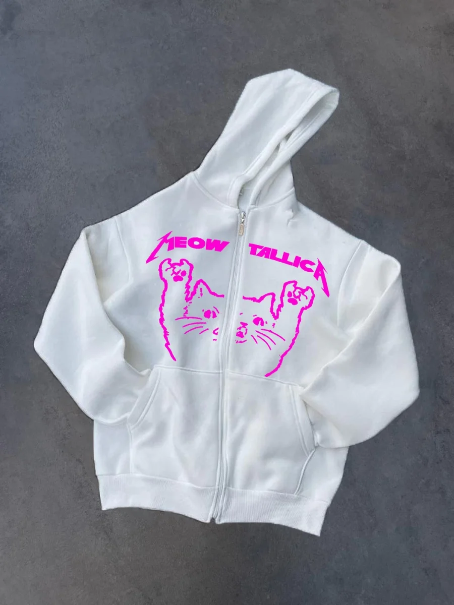 Kışlık Baskılı Fermuarlı Kapüşonlu Hırka - Beyaz