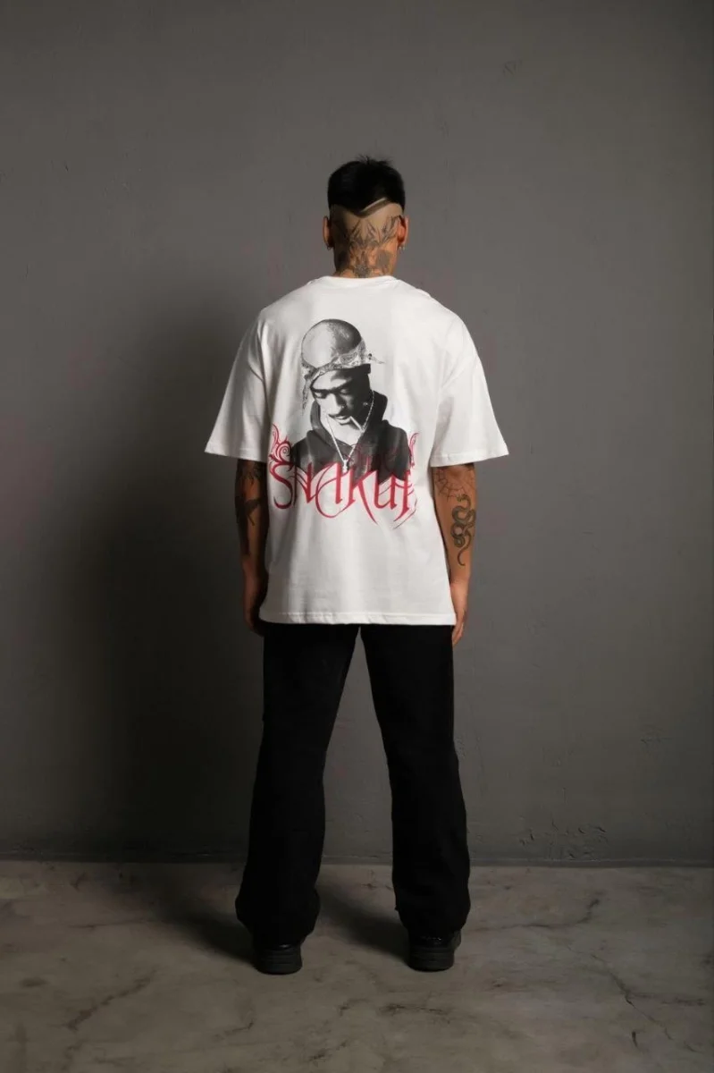 Sırt Baskılı Oversize T-Shirt - Beyaz