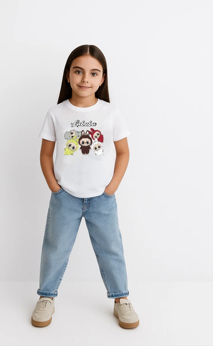 Kız Labubu Çocuk Baskılı T-Shirt - Beyaz