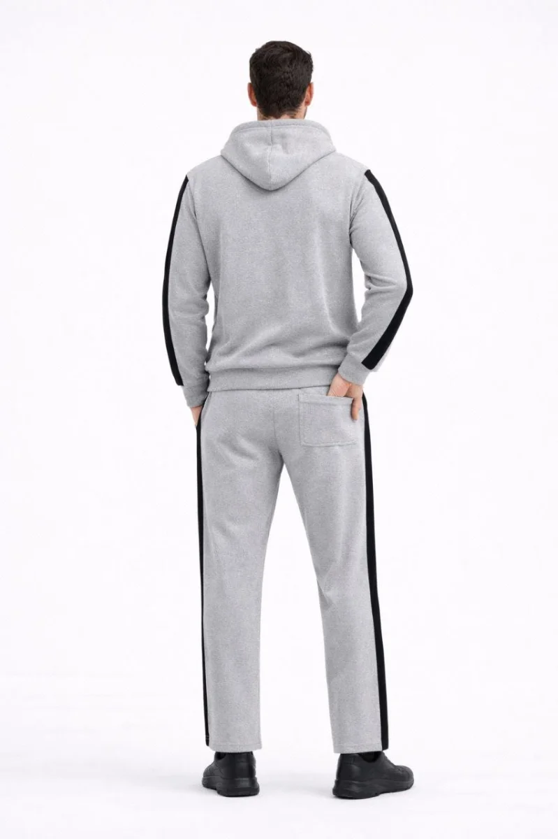 Şeritli Eşofman Takım Kapüşonlu Sweatshirt Boru Paça Alt, Oversize 3 iplik Pamuklu - Gri