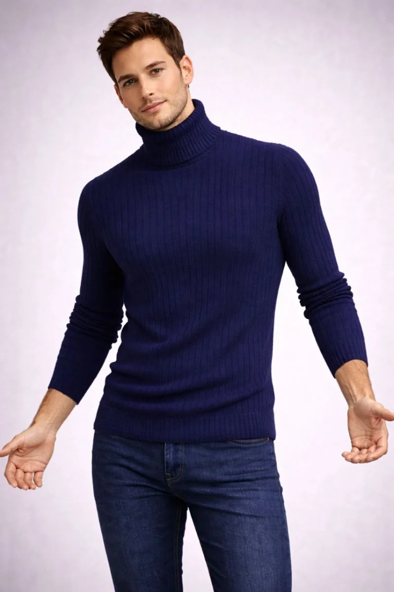 Balıkcı Yaka Bağazlı Triko Kazak Pamuklu Kalın Fitilli Dokuma, Regular Fit Uzun Kollu Kışlık Model - Lacivert