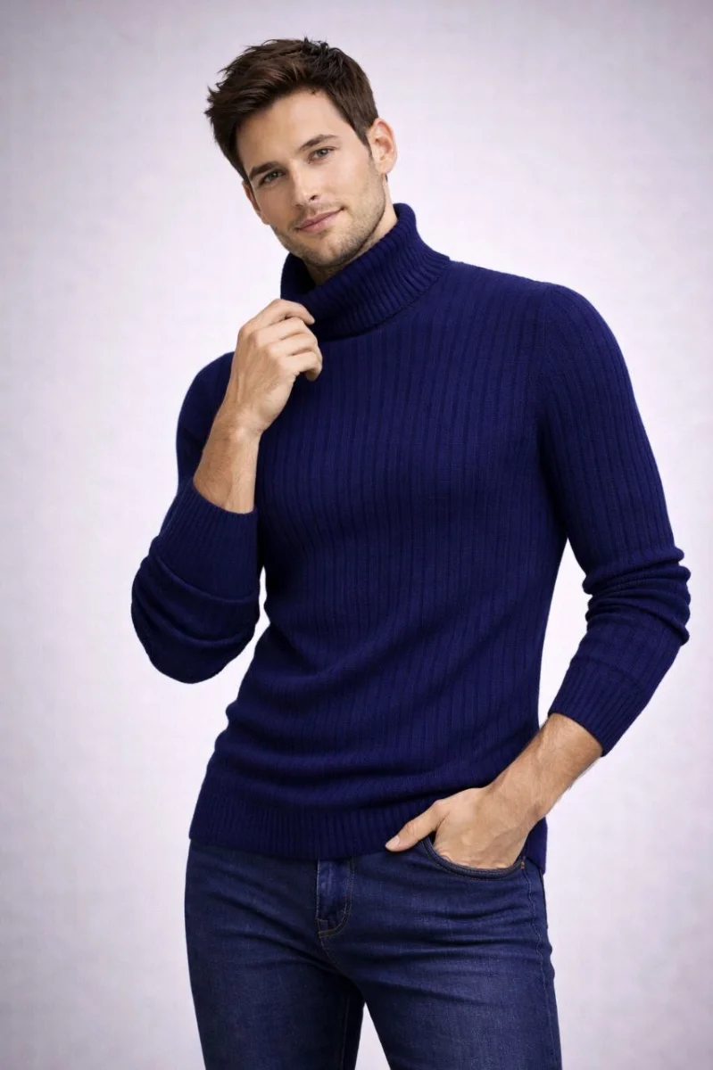 Balıkcı Yaka Bağazlı Triko Kazak Pamuklu Kalın Fitilli Dokuma, Regular Fit Uzun Kollu Kışlık Model - Lacivert
